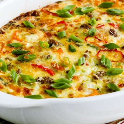 Italian Sausage and Sweet Mini Peppers Breakfast Bake in baking dish