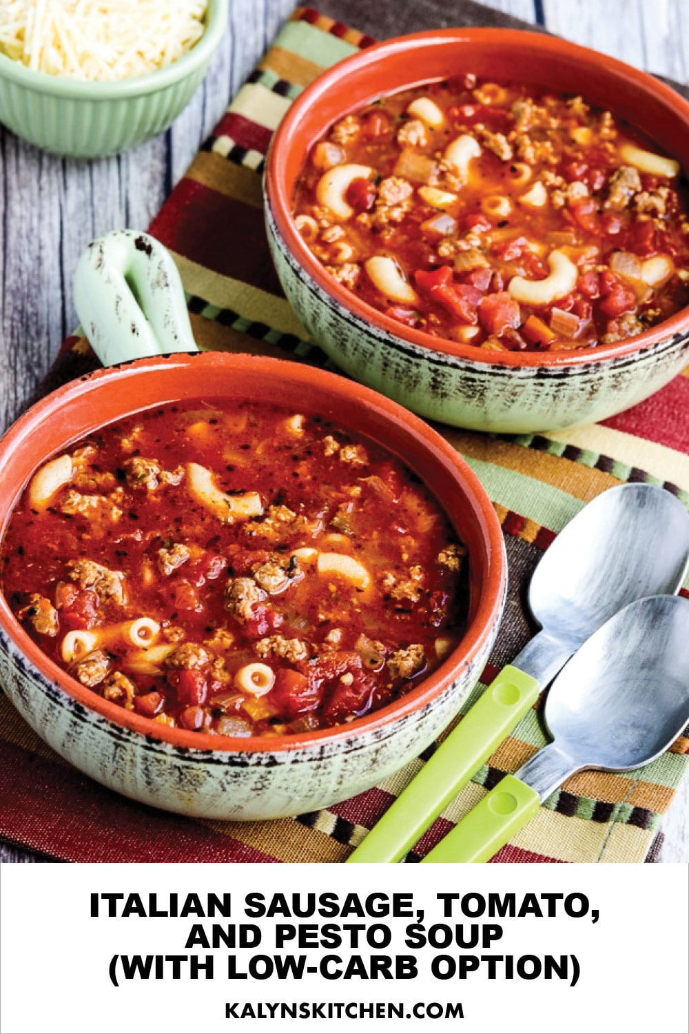 Pinterest image of Italian Sausage, Tomato, and Pesto Soup