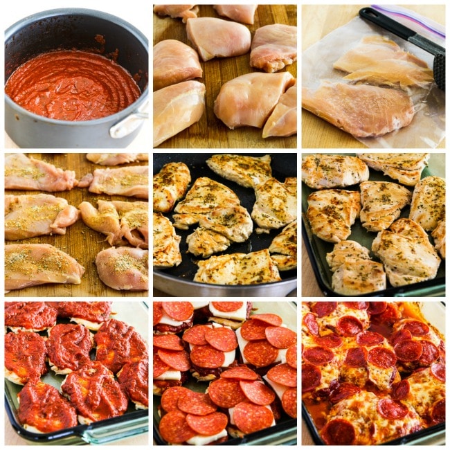 Low-Carb Pepperoni Pizza Chicken Bake process shots collage