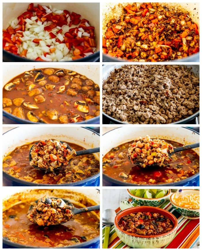 Turkey Chili with Peppers, Mushrooms, and Olives process shots collage